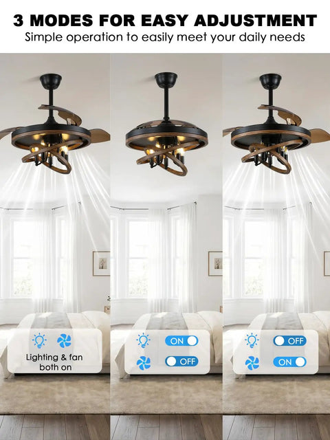 Bella Depot 42" Rustic Retractable Ceiling Fan with Lights and Remote demonstrating three mode settings in a bedroom.