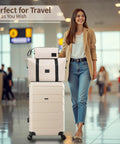 Woman with expandable luggage set with spinner wheels at airport