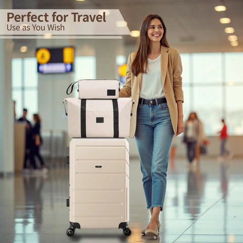 Woman with expandable luggage set with spinner wheels at airport