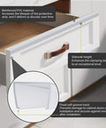 Heavy Duty Cabinet Door Protectors For Kitchen Cabinets 3/4 Inch Thick Clear Trim showing reinforced PVC material on a drawer.