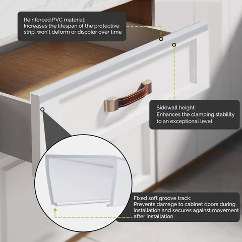 Heavy Duty Cabinet Door Protectors For Kitchen Cabinets 3/4 Inch Thick Clear Trim showing reinforced PVC material on a drawer.