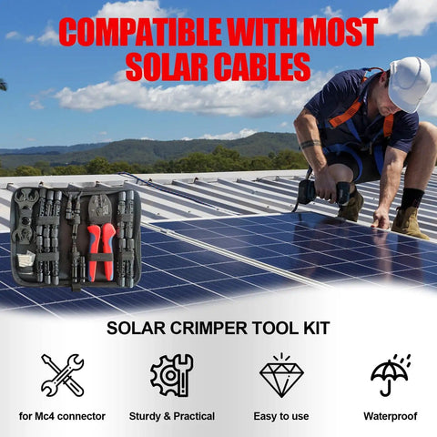 Solar Crimper Tool Kit With Y Connector 24 Piece All In One Solar Wiring Kit For PV MC4 Connectors displayed on rooftop