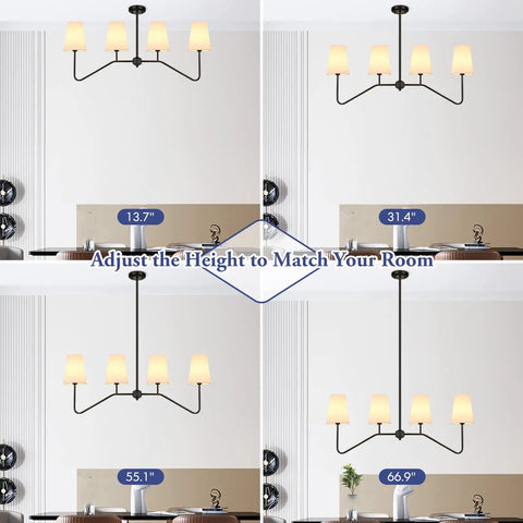 Linear Pendant Chandelier For Kitchen Island With Four Lights, Sleek Black Metal Fixture Over Table, Modern Dining Room Lighting, 4 Light Chandeliers With White Fabric Shades, Bulb Not Included