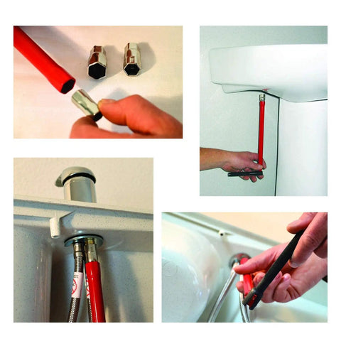Collage of 8-13mm Wrench Socket Plumber Kit For Tap Back Nut Installation In Tight Spaces No-Sweat Angled Handle in use