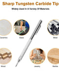 Heavy Duty Tungsten Carbide Scribe Kit With Magnetic Bottom And Extra Refills For Steel Glass Leather And Wood Drafting Tasks Zero Sharpening Headaches showing tungsten carbide tip used on various materials.