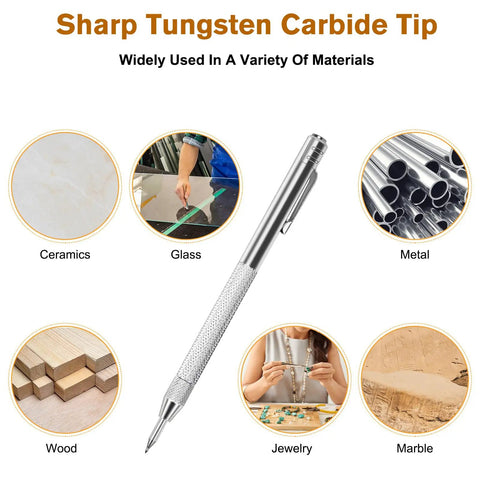 Heavy Duty Tungsten Carbide Scribe Kit With Magnetic Bottom And Extra Refills For Steel Glass Leather And Wood Drafting Tasks Zero Sharpening Headaches showing tungsten carbide tip used on various materials.