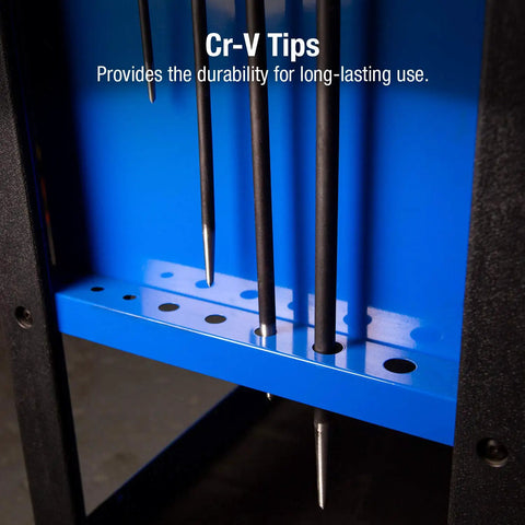 Close-up of Beefy Rolling Head Pry Bar Set with chrome vanadium tips displayed vertically against a blue background for durability emphasis