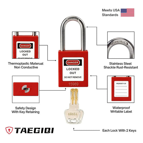 Pro Grade Lockout Tagout Kit with red safety padlock and key, stainless steel shackle, labeled "Locked Out - Do Not Remove."