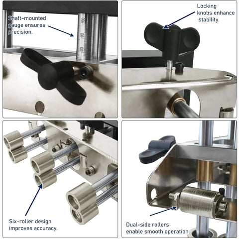 Close-up details of 3 Station Roller Bender For Sheet Metal, showcasing adjustable locking knobs and six-roller design for precise bending angles.