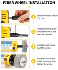 Fiber wheel installation steps on Direct Plug 110V Belt Sander Bench 2 By 13.8 Inch Belt showing metal rod, screw, sheet attachment