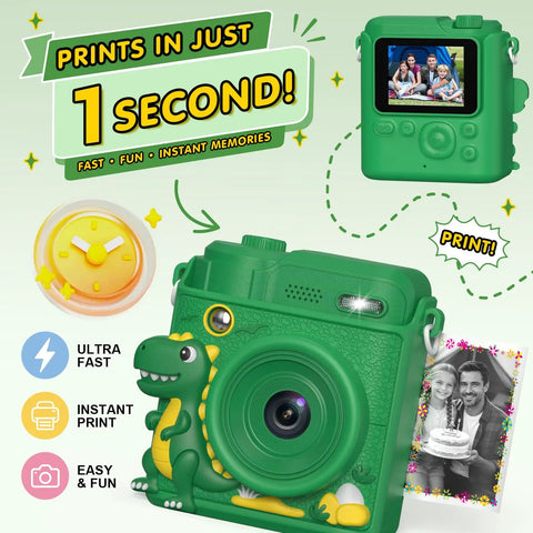 Kids Camera With Instant Print For Fun Snaps, Epic Birthday Gift For Ages 4 To 10, For Girls And Boys, Safe Durable Toy With Easy Paper Prints And Kid Friendly Design. green instant print kids camera with dinosaur case and sample photos