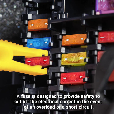 Rig Ready 372 Piece Car Fuse Assortment Kit Standard Mini Micro2 Blade Fuses With Slick Puller for Trucks Trailers and Boats 2A to 35A multi pack showing fuses in use.