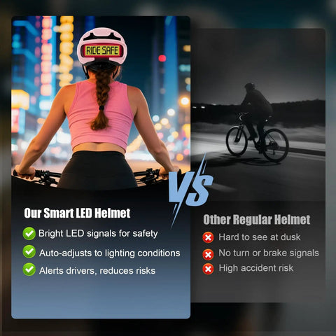Comparison of Women's LED Bike Helmet Go-To With Turn Signals And Brake Light with regular helmet at night