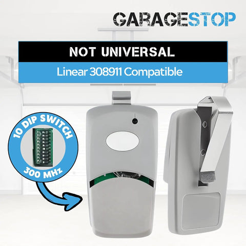 Front and side view of Replacement Garage Door Remote For 308911 Multi Code Linear 300MHz 10 Dip Switch Single Channel Clicker