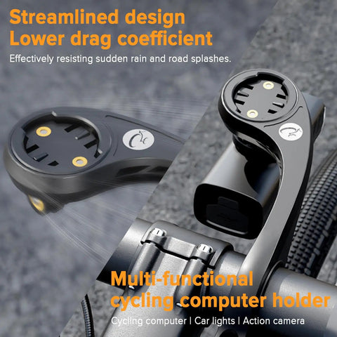 Close-up of a multi-functional cycling computer holder on a bike, compatible with the Street Ready Front Bike Light With Garmin Mount.
