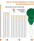 Set of 16 hand needles in 3 sizes with green threader for general sewing, embroidery, and quilting, shown in packaging.