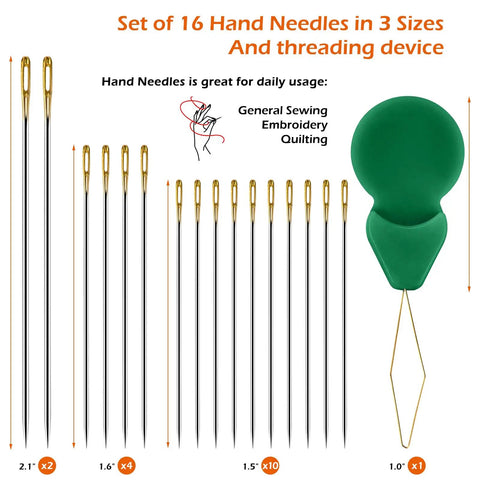 Set of 16 hand needles in 3 sizes with green threader for general sewing, embroidery, and quilting, shown in packaging.