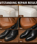 Top Shelf Brown Leather Repair Kit For Couches Car Seats And Furniture featuring No Sweat DIY instructions shown before and after results on damaged leather.