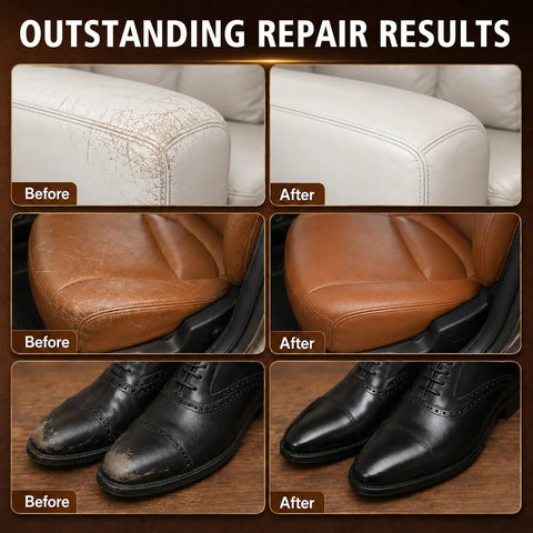 Top Shelf Brown Leather Repair Kit For Couches Car Seats And Furniture featuring No Sweat DIY instructions shown before and after results on damaged leather.