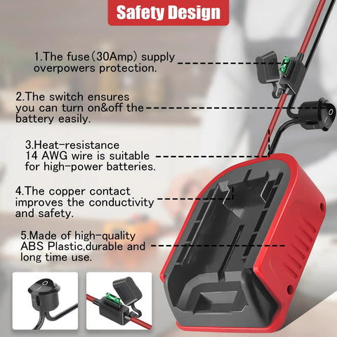 Safety features of 2 Pack Power Wheel Battery Adapter For V20 20V Li Ion Batteries With Fuses And 14AWG Wire And Control Switch Kit