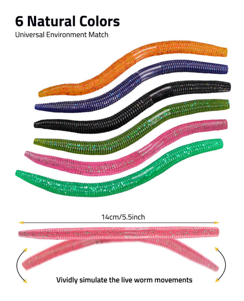 6 natural colors of 5.5 inch worms from Ultimate Wacky Worm Kit For Bass Fishing With 180 Soft Plastic Lures
