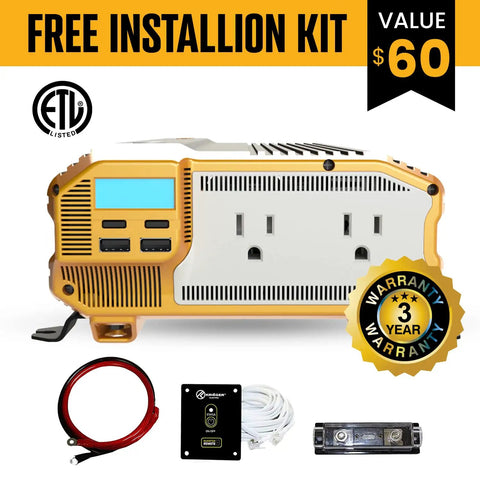 Heavy Duty 1100 Watt Car Power Inverter Converts 12 Volt Dc To 110 Volt Ac With Dual Outlets Wired Remote and installation kit.