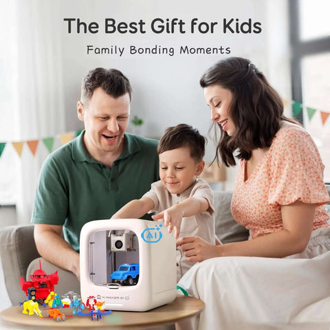 Family using Kids AI Powered 3D Printer Fully Assembled With Auto Leveling And Up To 400 MM Per Sec Speed for home crafting