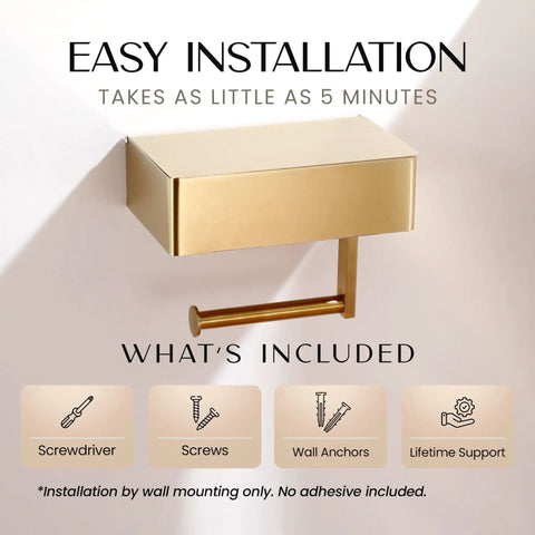 Toilet Paper Holder With Shelf Wall Mount In Gold For Modern Bathrooms, easy installation with included tools and support
