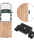 Rock Solid Trailer Stake Pocket Brackets 12 Pack Heavy Steel Inserts for Standard 2x4 Posts and Lumber shown on truck bed with wooden flooring.