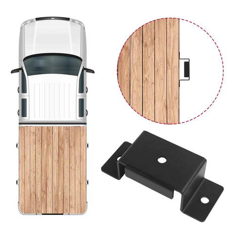 Rock Solid Trailer Stake Pocket Brackets 12 Pack Heavy Steel Inserts for Standard 2x4 Posts and Lumber shown on truck bed with wooden flooring.