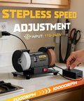 Built Like A Tank 3 Inch Mini Bench Grinder With Knockout Variable Speed Up To 10000 Rpm And Ac Adapter, showing speed adjustment feature.