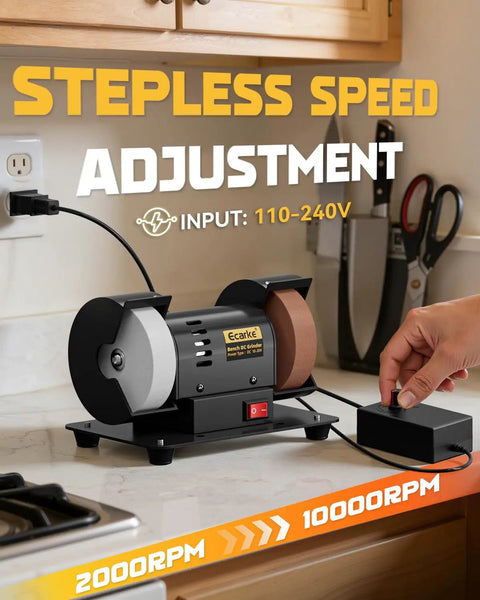 Built Like A Tank 3 Inch Mini Bench Grinder With Knockout Variable Speed Up To 10000 Rpm And Ac Adapter, showing speed adjustment feature.