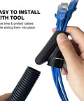 Easy installation of Flame Retardant Half Inch Split Wire Loom Tubing 25 Feet includes no fuss tool for blue cables and wires.
