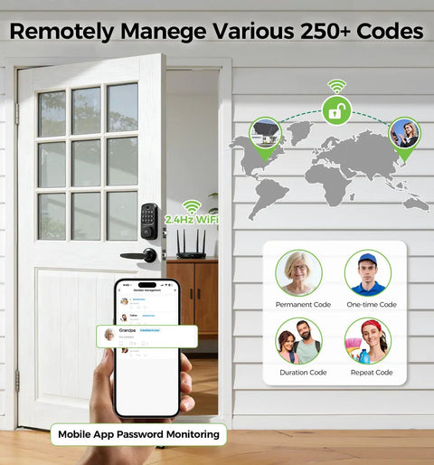 Slick WiFi Smart Door Lock For Front Door Keyless Entry Deadbolt With Handle Set. Displaying mobile app controls and various code options.