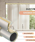 Close-up of gold shower curtain rod with telescopic spring tension, illustrating non-drill rustproof layers, ideal for bathroom use.