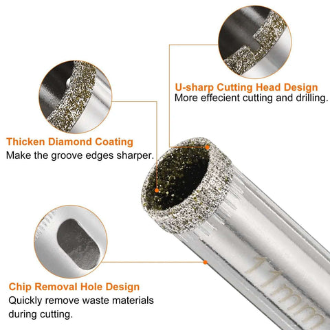 Close-up view: HARFINGTON 5-piece diamond tile drill bit set, 7/16in (11mm), diamond-coated with cutting head