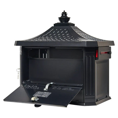 Hamilton Large Capacity Cast Aluminum Post-Mount Mailbox in black, open view showing locking compartment with weather-resistant finish