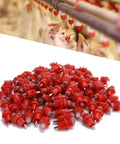 Real Deal 100 Pack Stainless Steel Poultry Water Nipplers With Heavy Duty Screw Mount Base For Backyard Chickens And Farm Flock, red nipples in use.