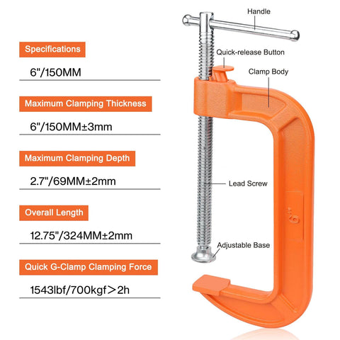 6 Inch Quick Release C Clamp with Button, heavy duty 700kgf cast iron G clamp for woodworking, welding, fast positioning