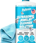 Ultra Strong 32 Oz Ultrasonic Jewelry Cleaner Solution with blue cloth for cleaning jewelry and glasses.