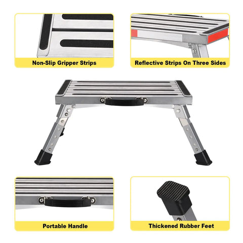 Non Slip Folding RV Steps With Adjustable Height, Lightweight Aluminum Step Stool, 4 Height Settings, heavy duty 1000 lb platform with handle