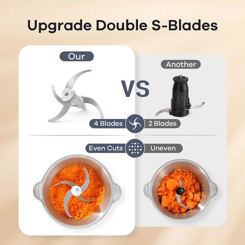 Comparison of blade designs in Two Bowls 450W Food Processor With Meat Grinder And Veggie Chopper for even and uneven cutting results