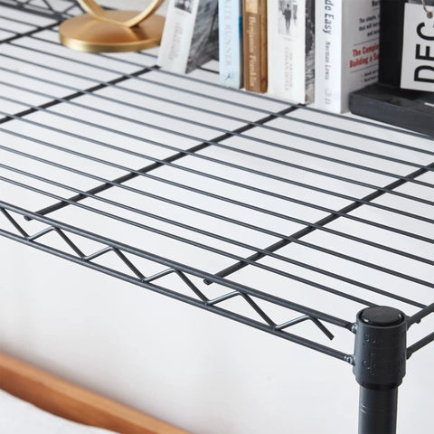 Gunmetal Gray Beefy Adjustable Shelving Unit With 18 Gauge Steel, Tool Free Assembly, 300 Lb Capacity, 1 Inch Shelf Increments, Durable Wire Frame With Venting For Electronics, Perfect Garage And Home Organization, close-up of wire shelf