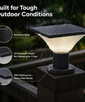 Outdoor Solar Post Cap Lights 4 Pack For 4x4 Or 6x6 Posts, Waterproof Deck Cap with aluminum body in rain on deck post.