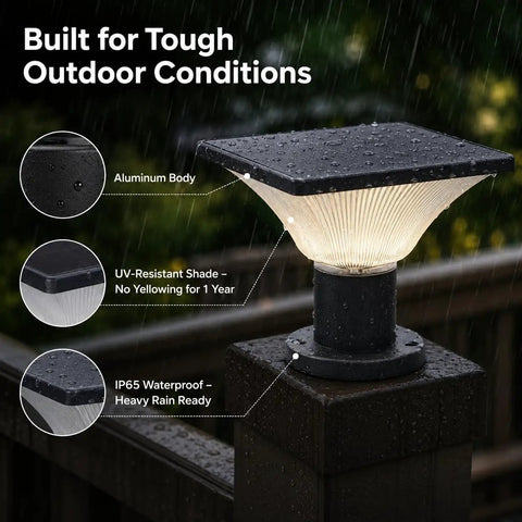 Outdoor Solar Post Cap Lights 4 Pack For 4x4 Or 6x6 Posts, Waterproof Deck Cap with aluminum body in rain on deck post.