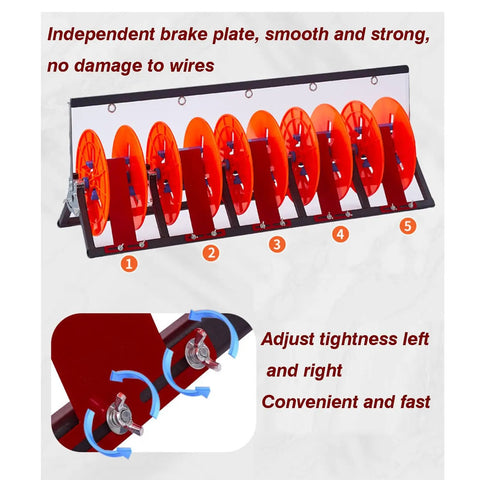 Heavy Duty Folding Cable Rack On Wheels With Rolled Steel Wire Dispenser showcasing brake plate and spool tension adjustment