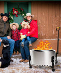 Family beside rolling fire pit stand with telescoping handle in backyard, 27 inch smokeless pit, heavy duty outdoor stand