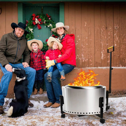 Family beside rolling fire pit stand with telescoping handle in backyard, 27 inch smokeless pit, heavy duty outdoor stand