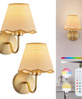 Battery Operated Wall Sconce Set Of Two With Gold Rattan Shade And Rechargeable RGB Bulbs, stylish wireless lighting.