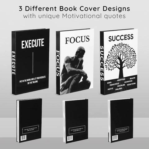 Faux Book Decor Set Of 3 For Modern Desk And Shelf Vibe with black and white motivational quotes on covers, front view.